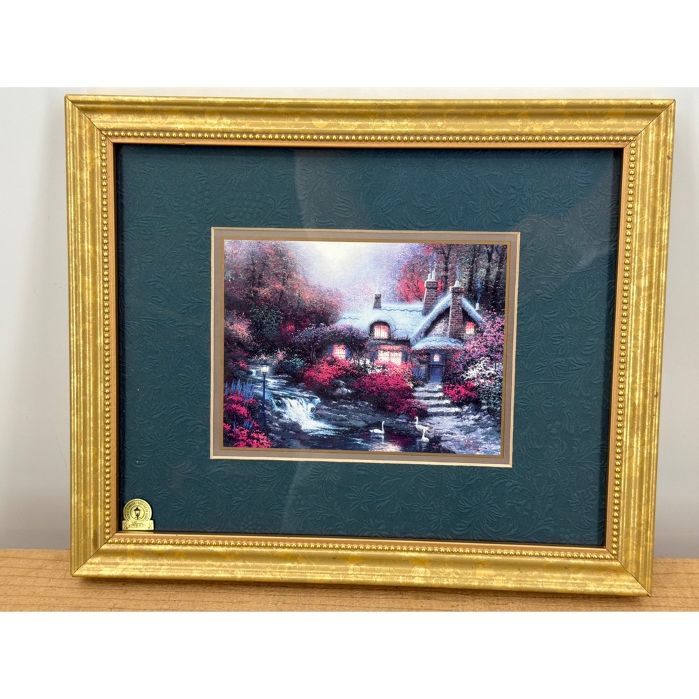 Thomas Kinkade Framed Print Cottage by Stream Lithograph with COA Art 11x9"